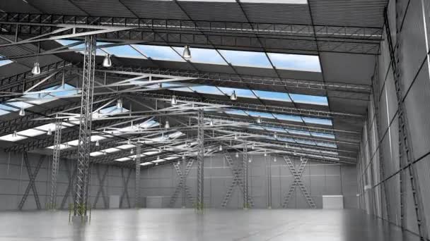 屋根窓といくつかの柱を持つ空の倉庫- 3D 4kアニメーション(3840x2160 px). - 映像、動画