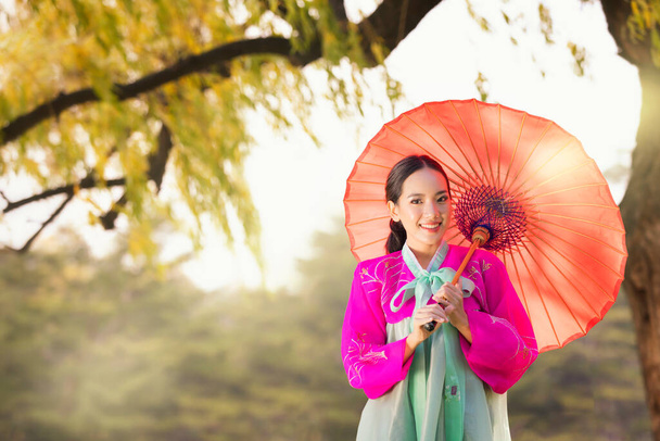 Aasialaisia naisturisteja. Korealaisella tytöllä on sateenvarjo. Kaunis nainen yllään perinteinen korealainen hanbok Large mänty keväällä, Korea. - Valokuva, kuva