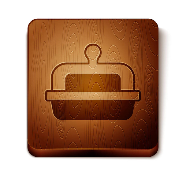 Brown Butter in a butter dish icon isolated on white background. Butter brick on plate. Milk based product. Natural dairy product. Wooden square button. Vector. - Vector, afbeelding