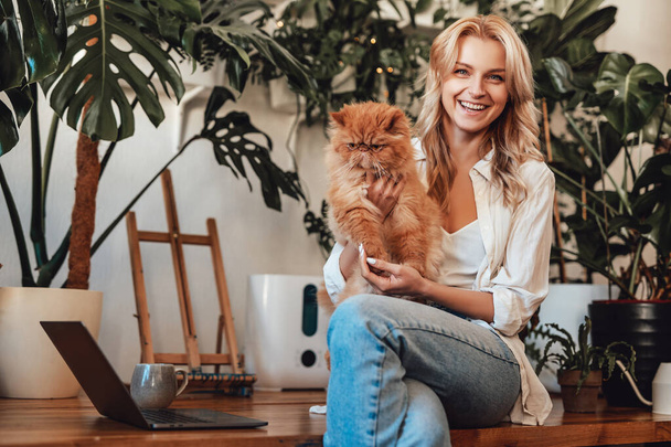 Friendly persian kitty and blond haired woman in living room - Valokuva, kuva