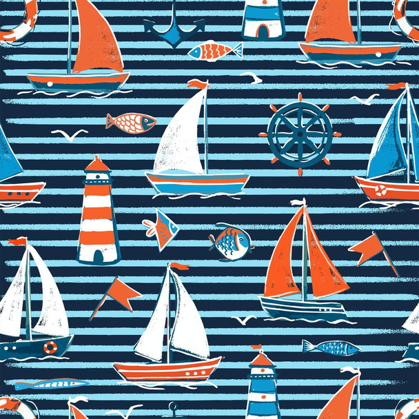 Vector naadloos patroon op het zee thema in blauwe en donkere strepen. Zeilboten op zee met een vuurtoren, vissen. - Vector, afbeelding