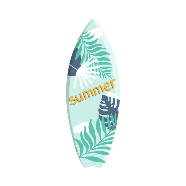 Tavola da surf vettoriale di design tropicale con testo estivo su sfondo bianco - Vettoriali, immagini