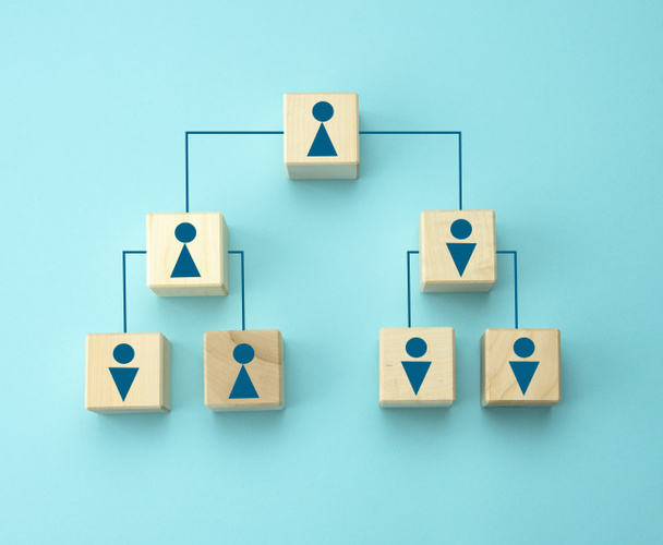 blocchi di legno con figure su sfondo blu, struttura organizzativa gerarchica della gestione, equilibrio di genere, modello di gestione efficace nell'organizzazione - Foto, immagini
