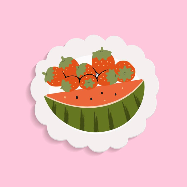 healthy food, plate with fresh fruits food vector illustration design. Strawberry and watermelon on a white plate, simple design, hand drawn - Διάνυσμα, εικόνα