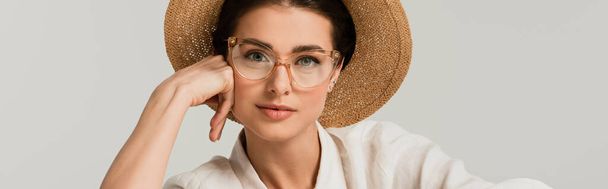 young woman in straw hat and glasses isolated on white, banner - Фото, зображення