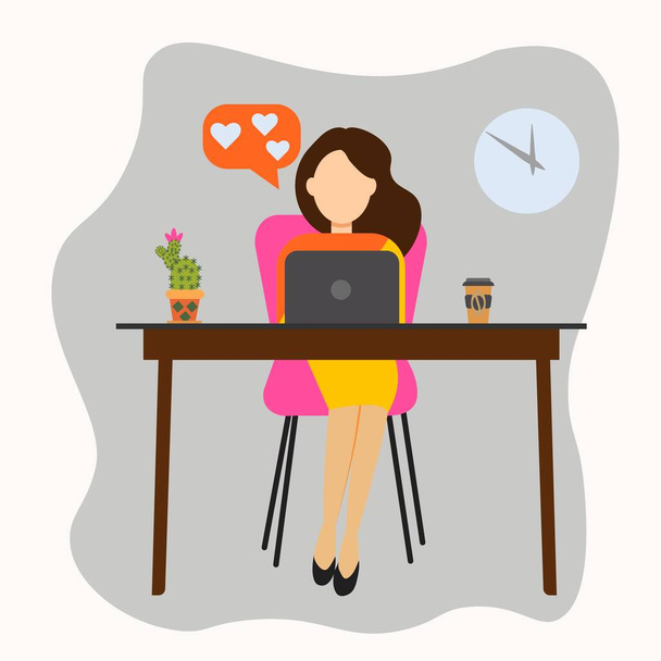 Young girl working on laptop at home. Vector illustration of a woman on a light background in a flat style - Vector, Image