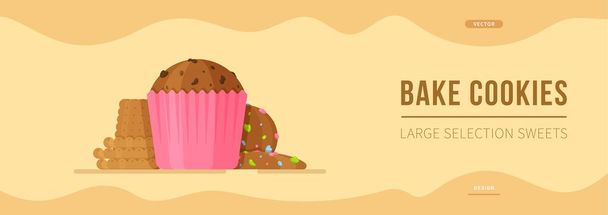 Ilustración vectorial de una pancarta de caramelos sobre un fondo marrón con sudores. Dulces de chocolate dulce de postre. Hermosa y delicada magdalena de chocolate aislada en el fondo con galletas.  - Vector, Imagen
