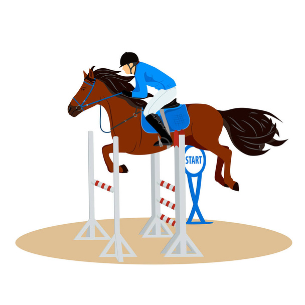 Kůň s jezdcem skákajícím přes bariéru. Žokej na koni. Jízda na koni. Jezdecký sport. Izolovaná vektorová ilustrace. - Vektor, obrázek