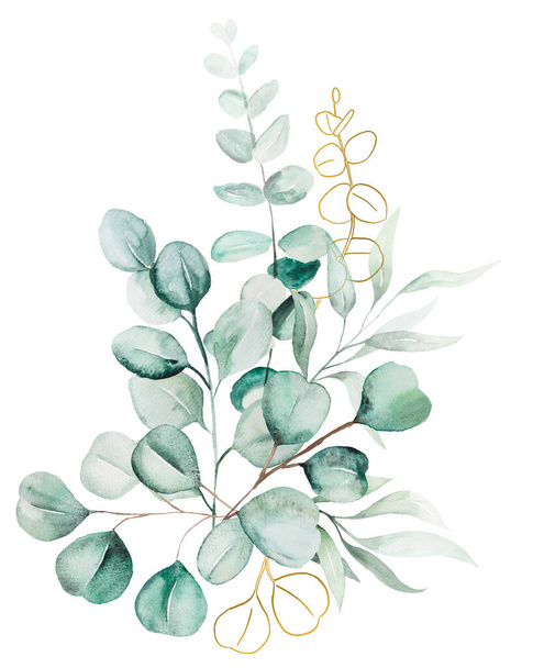 Watercolor eucaliptus leaves bouquet illustration - Photo, Image