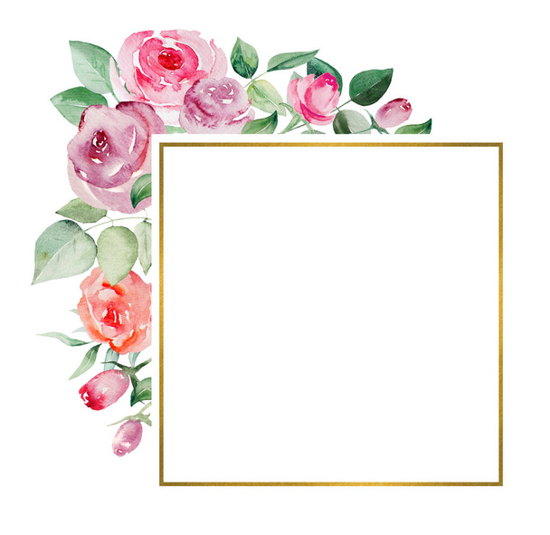 Acquerello ppink e rose rosse fiori e foglie cornice geometrica illustrazione - Foto, immagini
