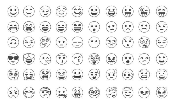Emoticons grande conjunto. Faces coleção estilo plano. Linha smiley face - vetor de estoque - Vetor, Imagem