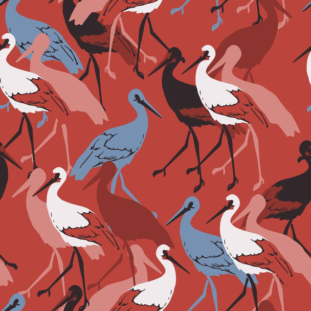 Retro oriental red stork birds vector graphic seamless pattern can be use for background and apparel design - Vetor, Imagem