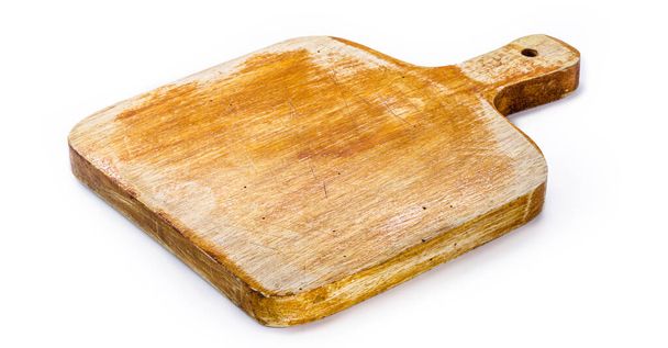 sekání deska, ručně vyráběné dřevěné kuchyňské desky, vinobraní rustikální kuchyňské nádobí, izolované bílé pozadí - Fotografie, Obrázek