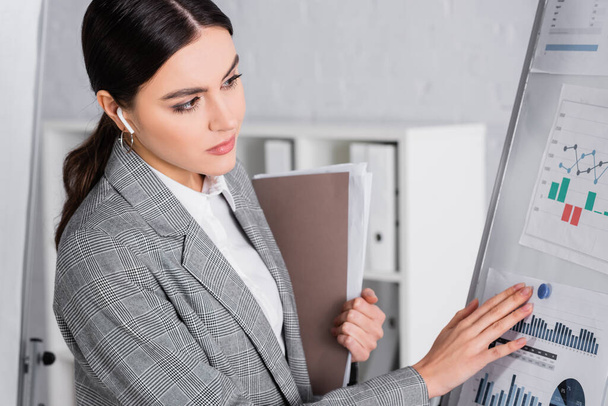 Geschäftsfrau im Kopfhörer hält Papiermappe in der Nähe von Diagrammen auf Flipchart  - Foto, Bild