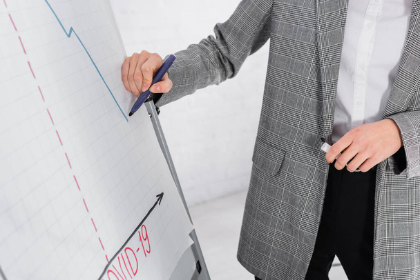 Обрезанный взгляд бизнесвумен, составляющих график на флипчарте с ковидом-2019 буквами  - Фото, изображение