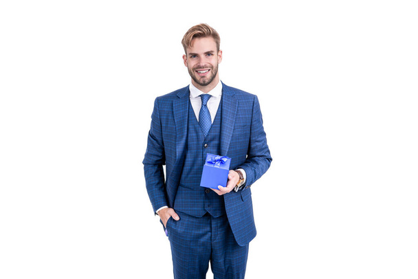 present for womens day. successful ceo holding giftbox. handsome man - Foto, imagen