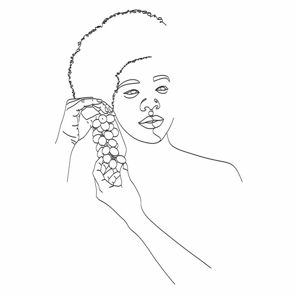 Egy nő szőlővel a vállán és a szájában. Szőlőlevél van a haján. Fekete-fehér rajz. Szőlőbogyók. Színező oldal felnőttek számára. - Vektor, kép