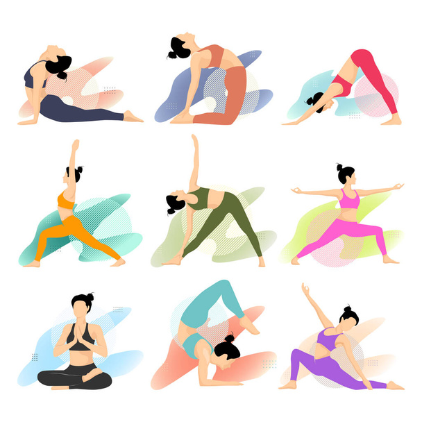 Набір людей, які виконують вправи з йоги. Жінки, що практикують Асану, ізольовані на білому тлі. Духовна практика і фізична діяльність. Плоска ілюстрована векторна ілюстрація - Вектор, зображення