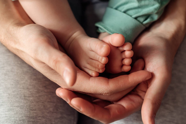Baby's feet in the hands of their father.Father's Day concept.Close-up,selective focus. - 写真・画像