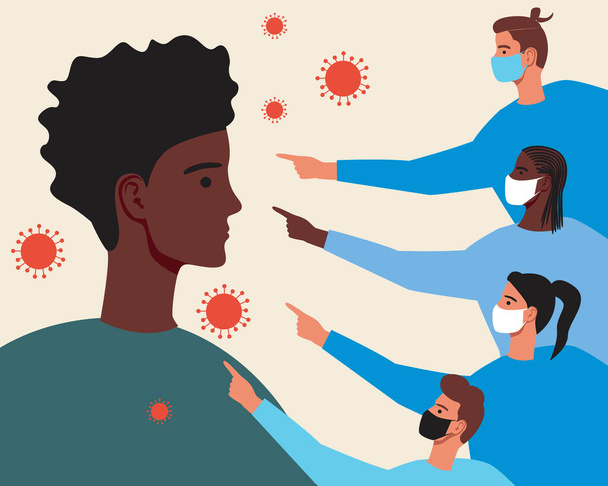 Covid is an afro infected person. Flat vector stock illustration. World health problem. Index finger of the crowd. People wearing medical masks and infected with the coronavirus - Vector, Image