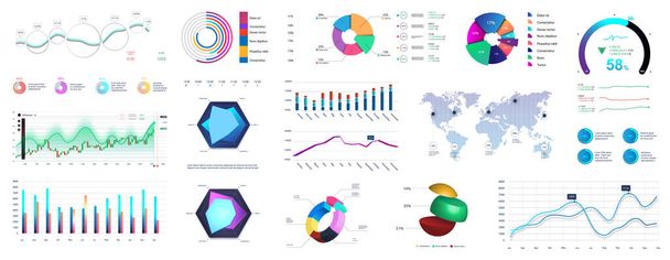 Graphic set charts, infographics and diagrams. Colorful infocharts and infographic with detailed statistics and original design. Visualization data, financial analysis and infochart. Vector set - Vetor, Imagem
