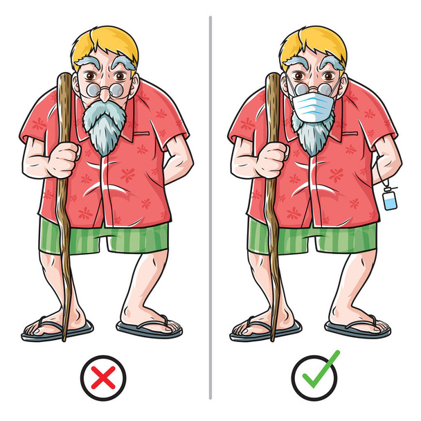 ウイルス漫画のキャラクターデザインベクトルから身を守る方法を持つ老人 - ベクター画像