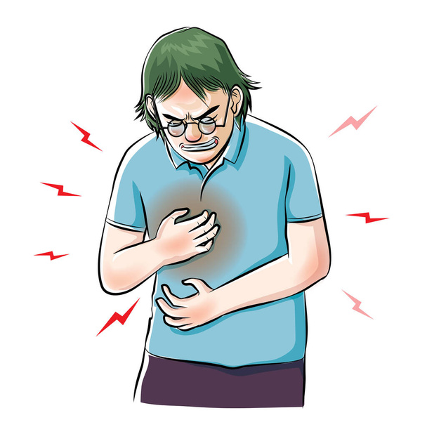 Ein alter Mann mit Brille leidet an Brustschmerzen Charakter Design Cartoon-Vektor - Vektor, Bild