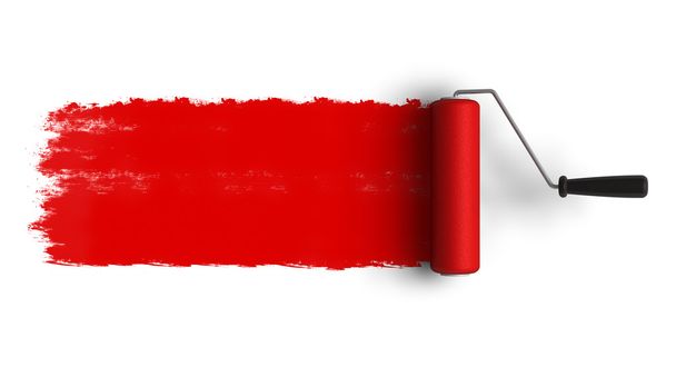 Red roller brush with trail of paint - 写真・画像