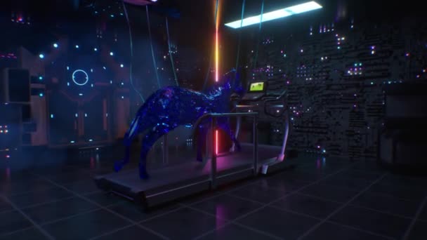 Astratto fantastico cavallo fluido si allena su un tapis roulant in una sala tecnologia. Concetto irrealistico di surrealismo e sport. - Filmati, video