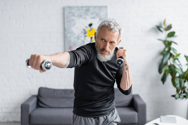 blurred bearded man working out with dumbbells in living room - Fotografie, Obrázek