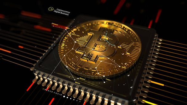 Art der Bitcoin-Kryptowährungsstruktur auf Gold-Bitcoin-Chip-Schaltungssystem mit 3D-Rendering. - Foto, Bild