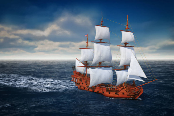 レッドウッドヴィンテージ背の高いセーリング船、カラベル、オープンオーシャン極端なクローズアップで海賊船や軍艦。3Dレンダリング - 写真・画像