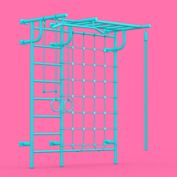 Blue Sports Playground Wall Bars for Children in Duotone Style on a pink background. 3d Rendering - Photo, Image