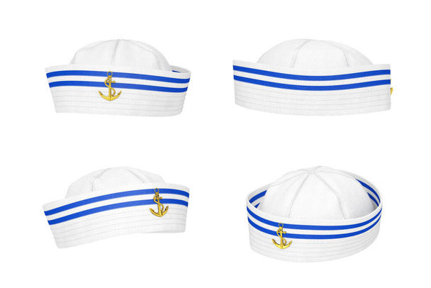Морская шляпа моряка с эмблемой Золотого якоря на белом фоне. 3D-рендеринг - Фото, изображение