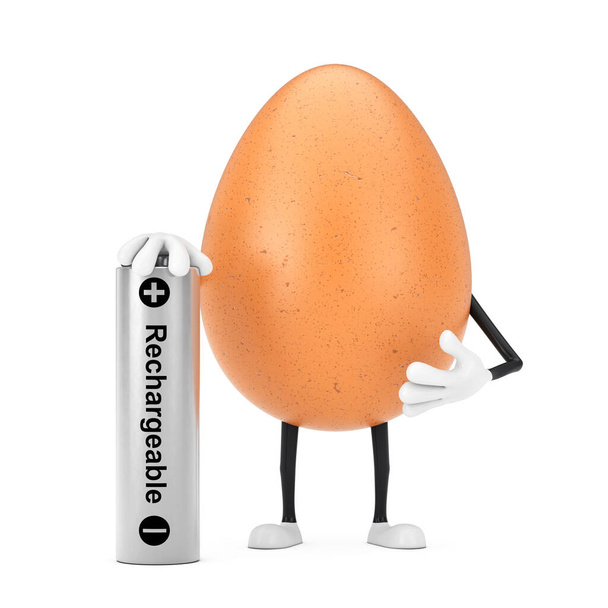  Mascotte personaggio persona uovo di pollo marrone con batteria ricaricabile su uno sfondo bianco. 3d Rendering - Foto, immagini