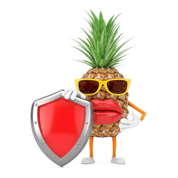 Mascotte de personnage de personnage de personnage de dessin animé Fun Hipster Cut Ananas avec bouclier de protection en métal rouge sur un fond blanc. Rendu 3d - Photo, image
