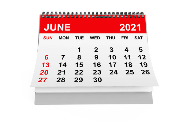2021 Rok Červen Kalendář na bílém pozadí. 3D vykreslování - Fotografie, Obrázek