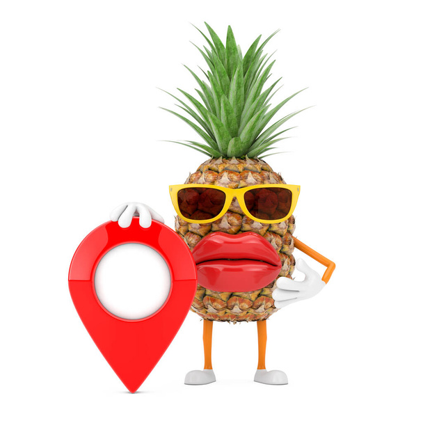 Divertente cartone animato moda Hipster Cut ananas persona personaggio mascotte con mappa rossa puntatore puntatore perno su uno sfondo bianco. 3d Rendering - Foto, immagini