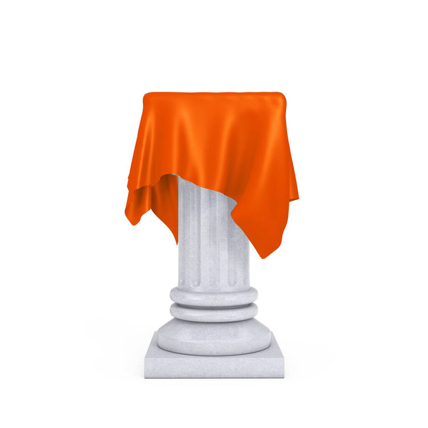 白い背景にオレンジシルククロスとホワイトプレゼンテーションコラム台座。3Dレンダリング - 写真・画像