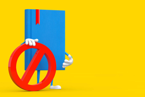 Blue Book Person Character Mascot with Red Prohibition or Forbidden Sign on a yellow background. 3d Rendering - Photo, Image
