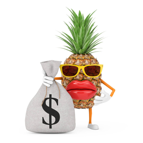 Fun Cartoon Fashion Hipster Cut Pineapple Person Mascote de Personagem com Lona Rústica Amarrada Bolsa de Dinheiro de Linho ou Bolsa de Dinheiro com Dólar Assine em um fundo branco. Renderização 3d - Foto, Imagem
