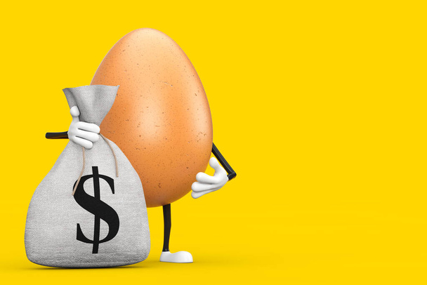 Mascotte personaggio persona uovo di pollo marrone con tela rustica legata sacco di denaro o Money Bag con Dollaro segno su uno sfondo giallo. 3d Rendering - Foto, immagini