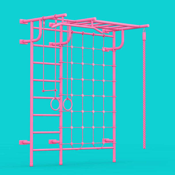 Pink Sports Playground Wall Bars for Children in Duotone Style on a blue background. 3d Rendering - Photo, Image