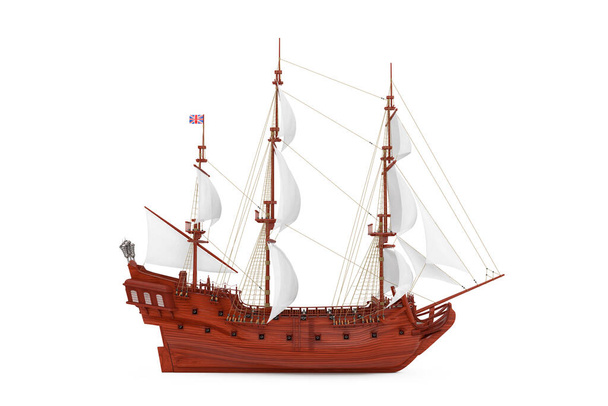 Grand voilier vintage en bois rouge, caravelle, bateau pirate ou navire de guerre sur fond blanc. Rendu 3d - Photo, image