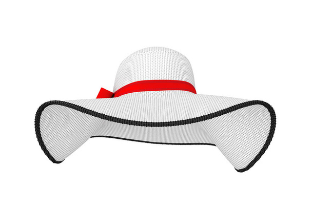 Bonito sombrero de sol de verano blanco para mujer con cinta roja y lazo sobre un fondo blanco. Renderizado 3d - Foto, imagen