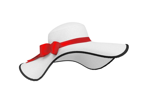 白い背景に赤いリボンと弓とかなり美しい白い女性の夏の太陽の帽子。3Dレンダリング - 写真・画像