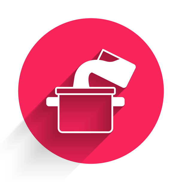 White Cooking pot icon isolated with long shadow. Boil or stew food symbol. Red circle button. Vector. - Vetor, Imagem
