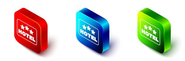 Isometrische Außenwerbung mit Hotelsymbol auf weißem Hintergrund. Rote, blaue und grüne quadratische Taste. Vektor. - Vektor, Bild