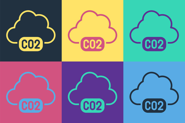 Pop art emisiones de CO2 en el icono de la nube aislado en el fondo de color. Fórmula de dióxido de carbono, concepto de contaminación por smog, concepto de medio ambiente. Vector. - Vector, imagen