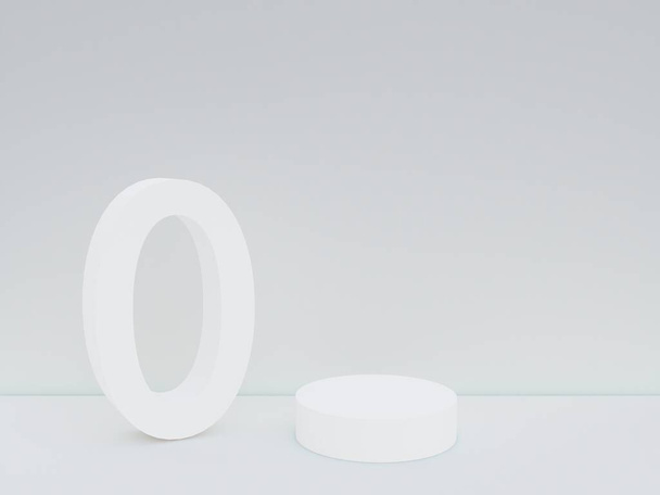 Escena con podio para maqueta de presentación en color blanco, estilo minimalista y número 0 con espacio de copia, diseño de fondo abstracto de renderizado 3d - Foto, imagen